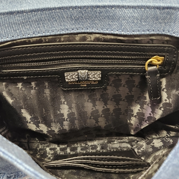 KARL LAGERFELD Agyness Quilted Pearl Chain Fringe Edge Denim Shoulder Bag - Picture 4 of 13